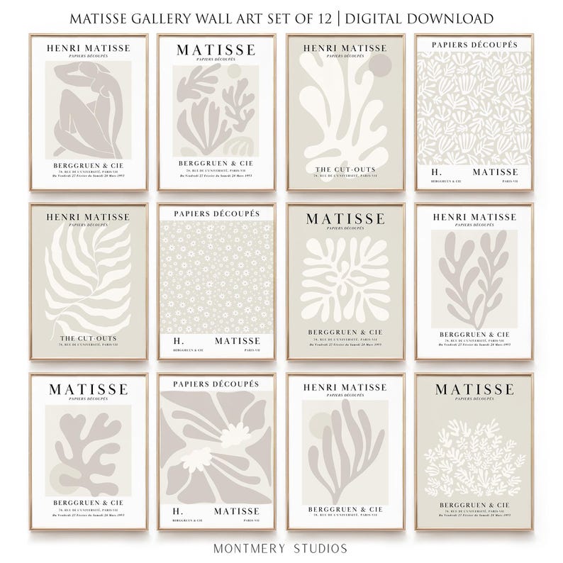 Set of 12 beige Henri Matisse inspired posters featuring abstract botanical shapes, geometric floral forms, and modern cut-out style designs. This neutral boho art collection uses soft beige tones and minimalist lines, making it ideal for a modern gallery wall, or mid-century modern home decor. Elegant abstract flowers and geometric modern art prints create a cohesive, calm aesthetic for living rooms, bedrooms, and stylish interiors.