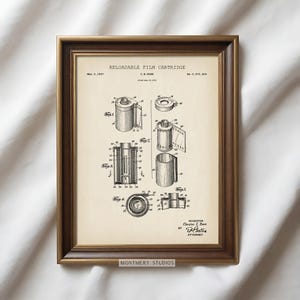 Set of 12 vintage photography patent prints featuring classic camera designs, Polaroid patent art, tripod, flash, lens, and film cartridge illustrations. Perfect wall art for photographers, photography studios, camera collectors, or office decor. Ideal gift for photography lovers, film enthusiasts, or vintage blueprint print collectors. Great for gallery walls, creative spaces, and retro home decor themes.