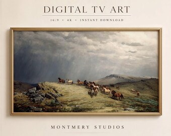 Cuadro decorativo con diseño de caballos en la montaña, paisaje ecuestre rústico y melancólico (descarga digital).
