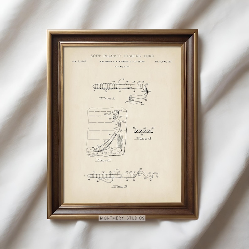 Set of 6 Bass Fishing patent prints, featuring Largemouth, Smallmouth, and Striped Bass. Includes vintage fishing lure, fishing reel, and tackle box designs. Ideal for fishing enthusiasts, anglers, and man cave decor. Perfect for lake house walls or as a unique fishing gift. Detailed, vintage illustrations capture the essence of freshwater fishing and North American game fish. High-quality fishing art prints, perfect for home or office decor.