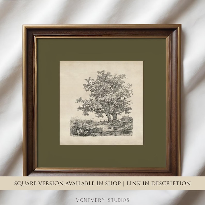 Vintage Oak Tree Etching, Vertical Landscape Art With Olive Green Mat ...