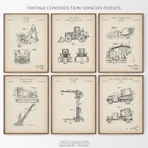Vintage construction vehicle patent print set featuring 15 heavy equipment designs including excavator, dump truck, bulldozer, backhoe, skid steer loader, tower crane, road roller, and concrete mixer. Perfect for man cave wall art, kids room decor, or contractor gift. These high-resolution prints showcase industrial machinery blueprints and are ideal for boys room art, construction nursery, or heavy equipment collectors.