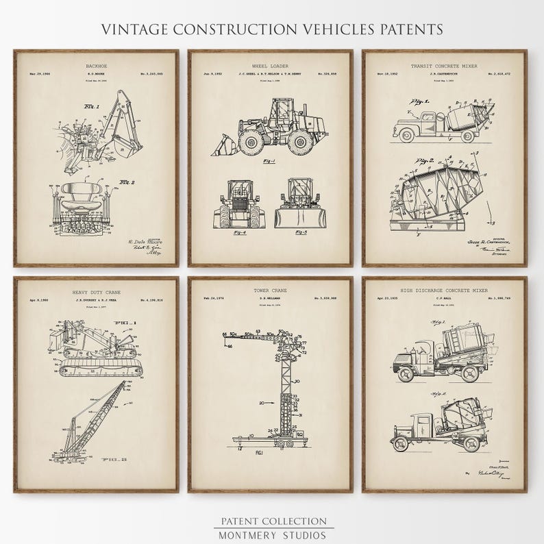 Vintage construction vehicle patent print set featuring 15 heavy equipment designs including excavator, dump truck, bulldozer, backhoe, skid steer loader, tower crane, road roller, and concrete mixer. Perfect for man cave wall art, kids room decor, or contractor gift. These high-resolution prints showcase industrial machinery blueprints and are ideal for boys room art, construction nursery, or heavy equipment collectors.
