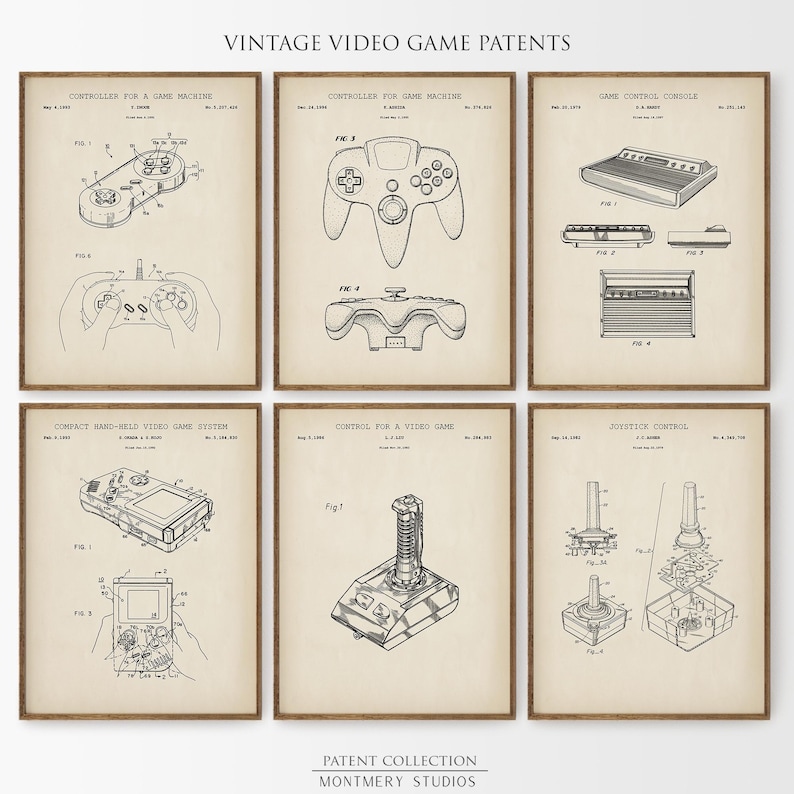Set of 12 vintage video game blueprint prints featuring game controllers, handheld consoles, cartridges, and TV gaming systems. Ideal for gamer wall art, man cave gaming setups, retro gaming prints, and Father's Day gamer gifts. Blueprint-style decor perfect for classic game room decoration and nostalgic tech lovers.