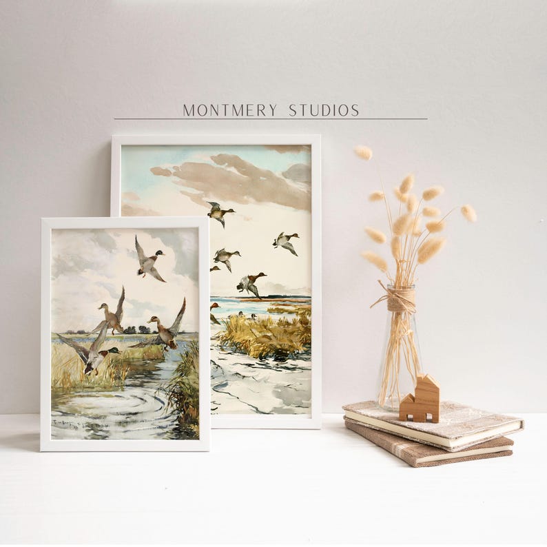 Set of 2 vintage duck prints, mallard and redhead ducks in a classic painting style, rustic farmhouse wall decor, wildlife artwork, nature prints, antique duck art, prints for vintage gallery walls, country home style, gift for wildlife nature lovers