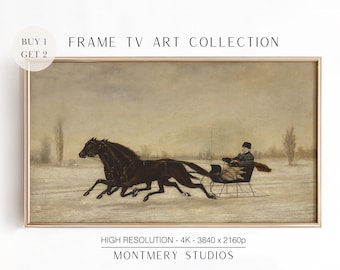 Cuadro decorativo vintage con paisaje invernal: trineo tirado por caballos en un paisaje nevado (descarga digital).