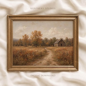 May include: A landscape painting in a gold frame featuring a dirt path leading toward a small wooden cabin in a field with autumn trees under a cloudy sky. The text MONTMERY STUDIOS appears at the top and DIGITAL DOWNLOAD at the bottom.