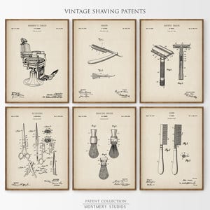 Vintage Shaving Patent Prints Set of 6, Classic Barber Shop Decor, Men’s Grooming Patents, Masculine Wall Art, Man Cave Decor, PS9