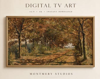 Rustic Fall Trees TV Art, Autumn Landscape Painting, Golden Forest Path Screensaver (Digital Download)