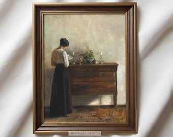 Stehende lesende Frau von Carl Vilhelm Holsøe, Stimmungsvoller Vintage Kunstdruck, viktorianische weibliche Wandkunst, Leseecke, Bibliothekskunst, P2