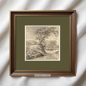 Vintage Oak Tree Landscape, Square Printable with Sage Green Mat, Landscape Sketch, Antique Forest Drawing Print, Dark Green Wall Art, A11