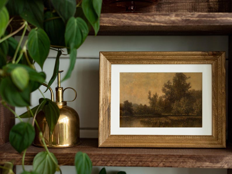 Moody landscape print, vintage muted swamp scenery, rustic country wall art, antique lake view, vintage marsh print for nursery, fall landscape decor, dark toned fall scenery, vintage country gallery art, moody fall art for home, muted countryside landscape, autumn nature decor, dark moody print for rustic interiors, vintage outdoor scenery for walls