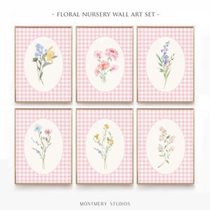 Pink Floral Nursery Wall Art Set of 6, Baby Girl Nursery, Watercolor Nursery Decor, Baby Girl Gingham Prints, Pastel Flower Printables, S062