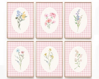 Pink Floral Nursery Wall Art Set of 6, Baby Girl Nursery, Watercolor Nursery Decor, Baby Girl Gingham Prints, Pastel Flower Printables, S062