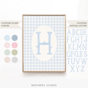 Custom Initial Letter Nursery Art, Personalized Plaid (Blue, Pink, Green, Beige, Grey) Custom Baby Name Wall Art Decor for Baby Boy & Girl