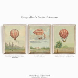 Vintage hot air balloon illustrations, aviation nursery wall art, Montgolfier brothers balloon, historic flight printables, pilot kids room decor, 1783 French aviation, antique balloon decor, first flight artwork, aviation history prints