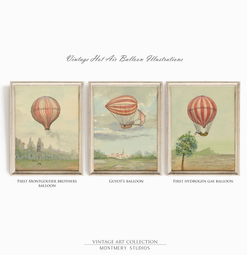 Vintage hot air balloon illustrations, aviation nursery wall art, Montgolfier brothers balloon, historic flight printables, pilot kids room decor, 1783 French aviation, antique balloon decor, first flight artwork, aviation history prints