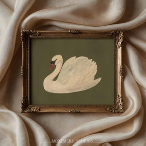 ヴィンテージの落ち着いた白鳥のプリント、ニュートラルな水彩画、ミニマリストなセージグリーンのウォールアート、ダークグリーンの印刷可能な装飾、保育園の白鳥のアート、AN61