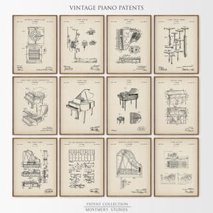 May include: A set of 12 vintage piano patent prints. The prints are black and white and feature detailed drawings of different piano parts and mechanisms. The prints are on a beige background and have a distressed look. The prints are titled "Vintage Piano Patents" and "Patent Collection Montmery Studios".
