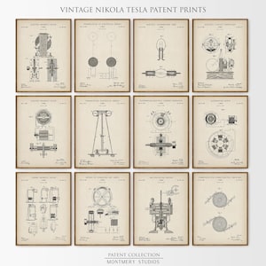 May include: A collection of twelve framed vintage Nikola Tesla patent prints. Each print features detailed technical drawings in black ink on a cream-colored background. The prints are arranged in a grid, with the text "VINTAGE NIKOLA TESLA PATENT PRINTS" at the top.