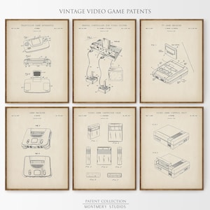 Set of 12 vintage video game blueprint prints featuring game controllers, handheld consoles, cartridges, and TV gaming systems. Ideal for gamer wall art, man cave gaming setups, retro gaming prints, and Father's Day gamer gifts. Blueprint-style decor perfect for classic game room decoration and nostalgic tech lovers.