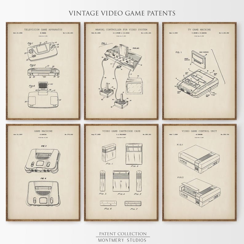 Set of 12 vintage video game blueprint prints featuring game controllers, handheld consoles, cartridges, and TV gaming systems. Ideal for gamer wall art, man cave gaming setups, retro gaming prints, and Father's Day gamer gifts. Blueprint-style decor perfect for classic game room decoration and nostalgic tech lovers.