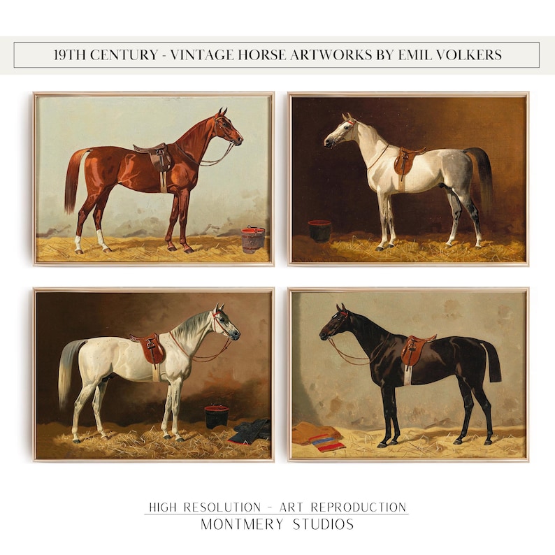 Vintage horse illustrations, 19th-century inspired prints, equestrian digital art, rustic farmhouse decor, western horse artwork, Emil Volkers inspired designs, antique-style wall art, classic animal art set, cowboy and country decor