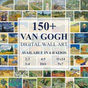 May include: A collection of Van Gogh paintings, including landscapes and portraits, arranged in a grid. The central text states "150+ VAN GOGH DIGITAL WALL ART AVAILABLE IN 6 RATIOS". Ratios include 2:3, 3:4, 4:5, ISO, 11x14, and 5x7.