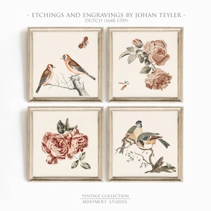 May include: Set of four vintage botanical prints featuring two birds and two roses. The prints are in a muted color palette of brown, pink, and green. The prints are framed in a simple, rustic style.