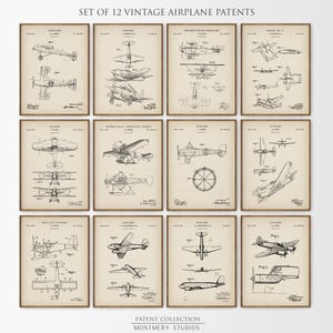 Airplane Patent Prints Set of 12, Vintage Aviation Posters, Aeroplane Wall Art for Man Cave, Office, Nursery, Antique Transportation, PS10