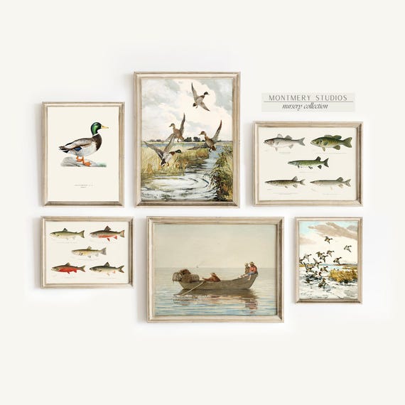Fishing Nursery Prints, Duck Nursery Decor, Mallard Duck Art, Bass & Trout Fishing Print, Vintage Fish Illustrations, Boys Room Decor, S052