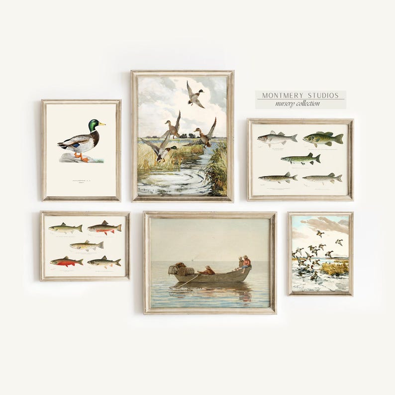 Watercolor fishing nursery art with ducks, mallard wall prints, bass and trout artwork for baby boy room, vintage-inspired fish illustrations, decorative fishing wall art for kids bedroom, playful fisherman theme decor, rustic nursery wall prints with freshwater fish, cozy boys room wall accents, charming angler artwork for children’s room, unique baby shower gift for fishing families