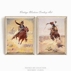 Western Cowboy Art Set of 2, Vintage Cowboy Prints, Rustic Western Wall Decor, Cowboy and Horse Wall Art, Wild West Scenes, Digital Art S042