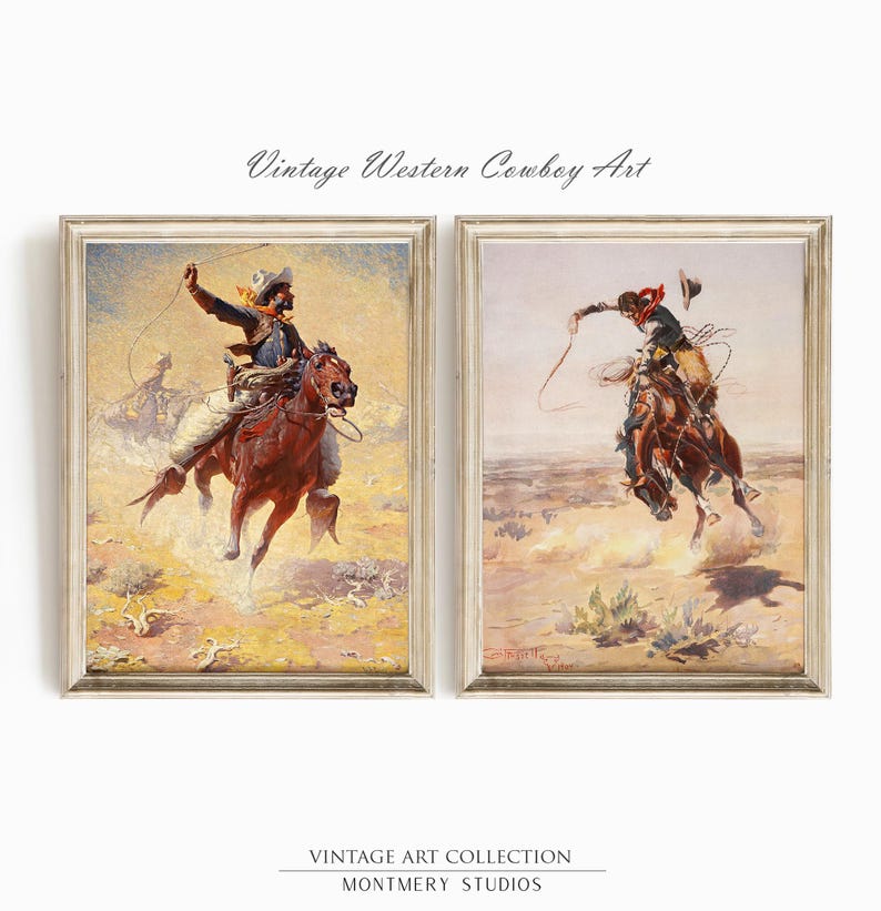 Western cowboy art set of 2 featuring vintage cowboy prints, rustic frontier scenes, and Old West horse riders. Perfect for Western home decor, farmhouse wall art, or Southwestern interiors. Antique cowboy artwork with a nostalgic Wild West feel, ideal for ranch-style homes, cowboy-themed rooms, or rustic lodge decor. Pioneer and frontier-inspired prints capturing the spirit of the American West, blending history, adventure, and classic Western aesthetics.