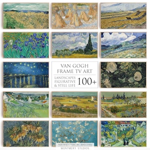 May include: A collage of 12 framed paintings by Vincent van Gogh, featuring landscapes, still life, and figurative works. The text "Van Gogh Frame TV Art" and "Landscapes Figurative & Still Life 100+" is displayed in the center of the collage. The text "High Resolution - 4K - 3840 x 2160p" and "Montgomery Studios" is displayed at the bottom of the collage.