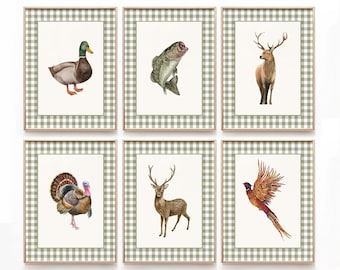Hunting Animals Nursery Wall Art Set of 6, Mallard Duck, Deer, Elk, Pheasant, Wild Turkey, Largemouth Bass Print, Sage Green Nursery, S054