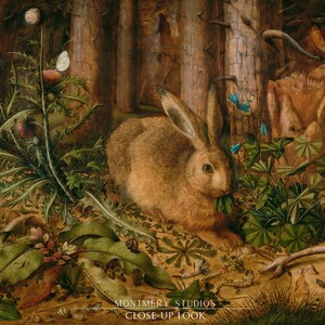 Vintage rabbit art print featuring a bunny in a forest scene, perfect for spring and Easter decor. Antique wildlife artwork with rustic nature charm, ideal for forest animal decor, nature-inspired wall art, and vintage bunny prints for home and cabin