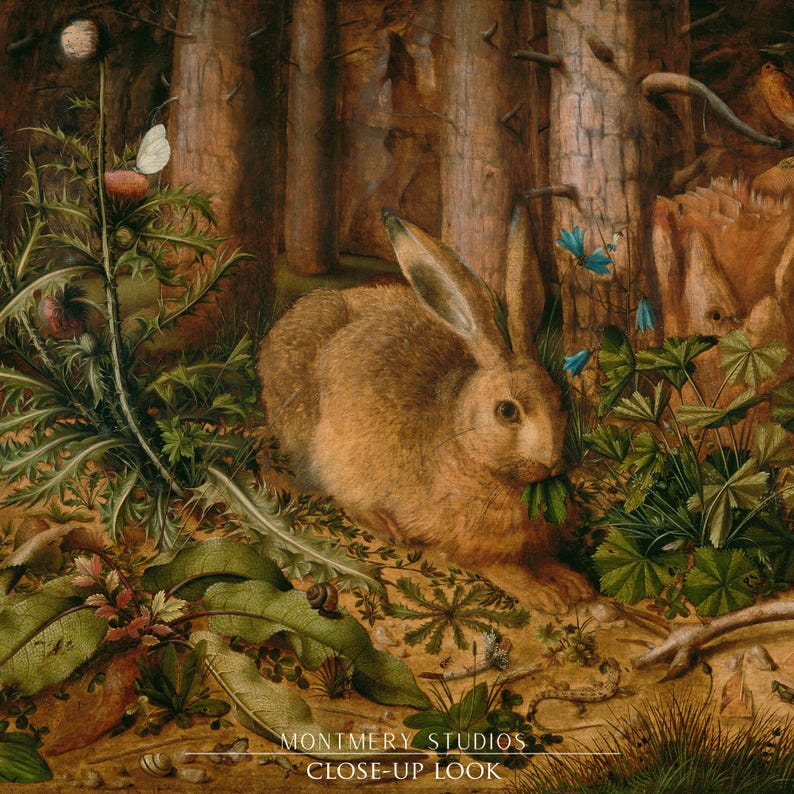 Vintage rabbit art print featuring a bunny in a forest scene, perfect for spring and Easter decor. Antique wildlife artwork with rustic nature charm, ideal for forest animal decor, nature-inspired wall art, and vintage bunny prints for home and cabin