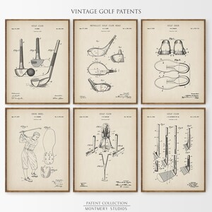 vintage golf patent prints, featuring golf clubs, golf balls, golf tees, golf carts, golf caddy bags, golf shoes, and gloves. Perfect for man cave decor, golf lovers, office, or sports room. blueprint golf wall art for enthusiasts and collectors