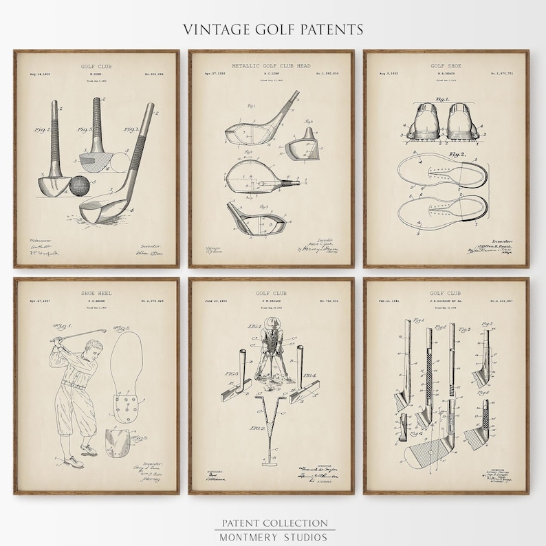 vintage golf patent prints, featuring golf clubs, golf balls, golf tees, golf carts, golf caddy bags, golf shoes, and gloves. Perfect for man cave decor, golf lovers, office, or sports room. blueprint golf wall art for enthusiasts and collectors