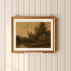Moody landscape print, vintage muted swamp scenery, rustic country wall art, antique lake view, vintage marsh print for nursery, fall landscape decor, dark toned fall scenery, vintage country gallery art, moody fall art for home, muted countryside landscape, autumn nature decor, dark moody print for rustic interiors, vintage outdoor scenery for walls