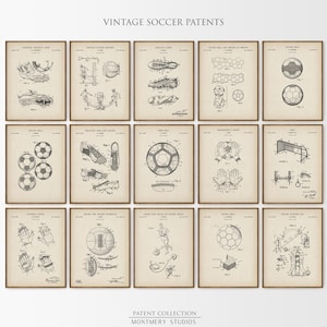 A set of 15 vintage-style soccer patent prints featuring classic soccer ball designs, footwear innovations, and training gear. Ideal wall art for kids' rooms, sports nurseries, man caves, or as a thoughtful gift for young players and coaches. This unique soccer collection blends nostalgic charm with sports history, making it a perfect decor choice for fans of all ages