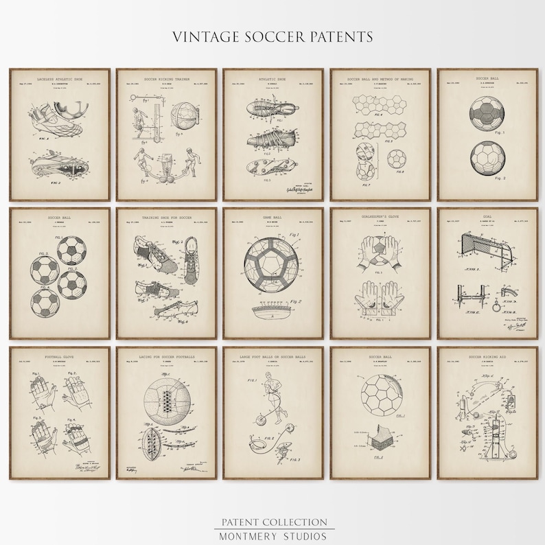 A set of 15 vintage-style soccer patent prints featuring classic soccer ball designs, footwear innovations, and training gear. Ideal wall art for kids' rooms, sports nurseries, man caves, or as a thoughtful gift for young players and coaches. This unique soccer collection blends nostalgic charm with sports history, making it a perfect decor choice for fans of all ages