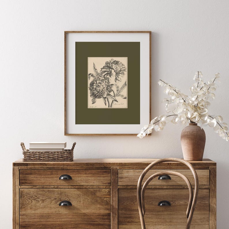 Set of two vintage-inspired flower sketches in soft sage and deep green tones, perfect for wall decor. Delicate botanical drawings with antique etching style, ideal for living room, baby nursery room, kids room, bedroom, or entryway. Classic floral artwork with hand-drawn details, dark green botanical prints for a timeless and elegant home aesthetic. Vintage wall art set, perfect for adding subtle color and natural beauty to any space.
