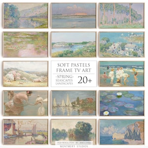 May include: A collection of fourteen rectangular landscape paintings in light wooden frames, featuring impressionist scenes of water, boats, coastal villages, and blooming trees. Text in the center reads: SOFT PASTELS FRAME TV ART -SPRING- SEASCAPES LANDSCAPES 20+ HIGH RESOLUTION - 4K - 3840 x 2160p MONTMERY STUDIOS.
