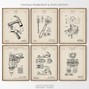 Set of vintage tool blueprint prints featuring detailed patent illustrations of classic workshop equipment like wrenches, drills, hammers, saws, and clamps. Ideal for decorating garages, mechanic shops, carpentry workspaces, or man caves. A thoughtful gift idea for dads, husbands, or handymen who love tools and craftsmanship. Perfect for Father’s Day, birthdays, or home improvement-themed decor.
