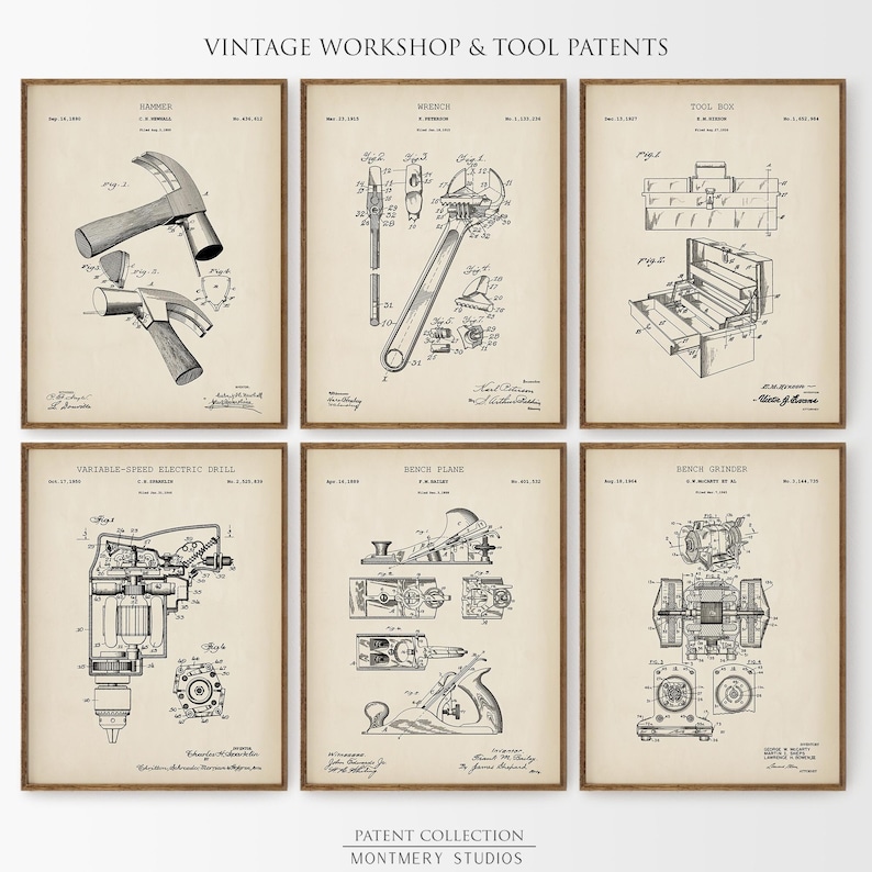 Set of vintage tool blueprint prints featuring detailed patent illustrations of classic workshop equipment like wrenches, drills, hammers, saws, and clamps. Ideal for decorating garages, mechanic shops, carpentry workspaces, or man caves. A thoughtful gift idea for dads, husbands, or handymen who love tools and craftsmanship. Perfect for Father’s Day, birthdays, or home improvement-themed decor.