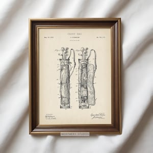 vintage golf patent prints, featuring golf clubs, golf balls, golf tees, golf carts, golf caddy bags, golf shoes, and gloves. Perfect for man cave decor, golf lovers, office, or sports room. blueprint golf wall art for enthusiasts and collectors