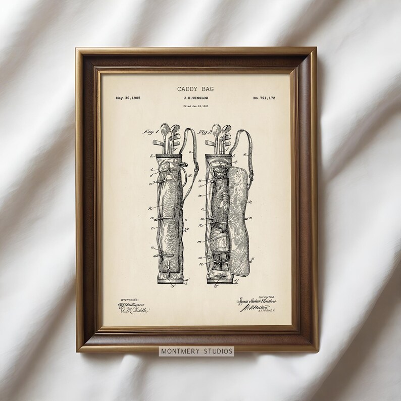 vintage golf patent prints, featuring golf clubs, golf balls, golf tees, golf carts, golf caddy bags, golf shoes, and gloves. Perfect for man cave decor, golf lovers, office, or sports room. blueprint golf wall art for enthusiasts and collectors