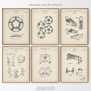 A set of 15 vintage-style soccer patent prints featuring classic soccer ball designs, footwear innovations, and training gear. Ideal wall art for kids' rooms, sports nurseries, man caves, or as a thoughtful gift for young players and coaches. This unique soccer collection blends nostalgic charm with sports history, making it a perfect decor choice for fans of all ages
